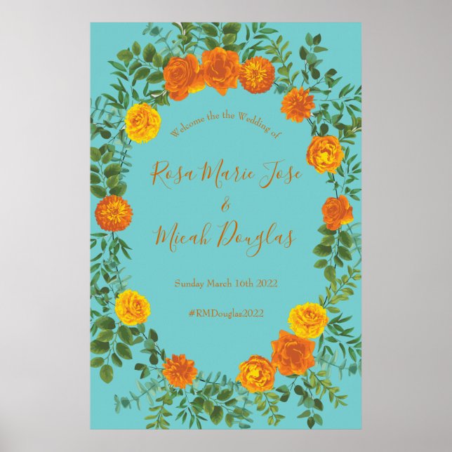 Poster Orange & Aqua Mariage Floral moderne (Devant)
