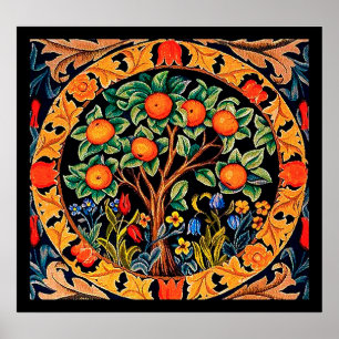 POSTER ORANGE ARBRE AVEC FEUILLES VERTS, FLEURS