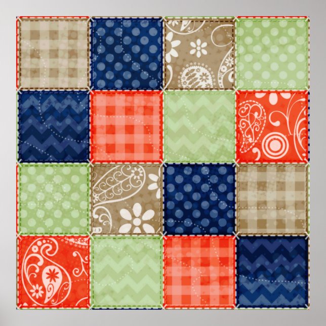 Poster Orange, Bleu, Brown et Sage Vert Patchwork (Devant)
