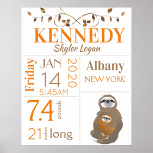 Poster Orange & Brown Sloth Baby Birth Stats