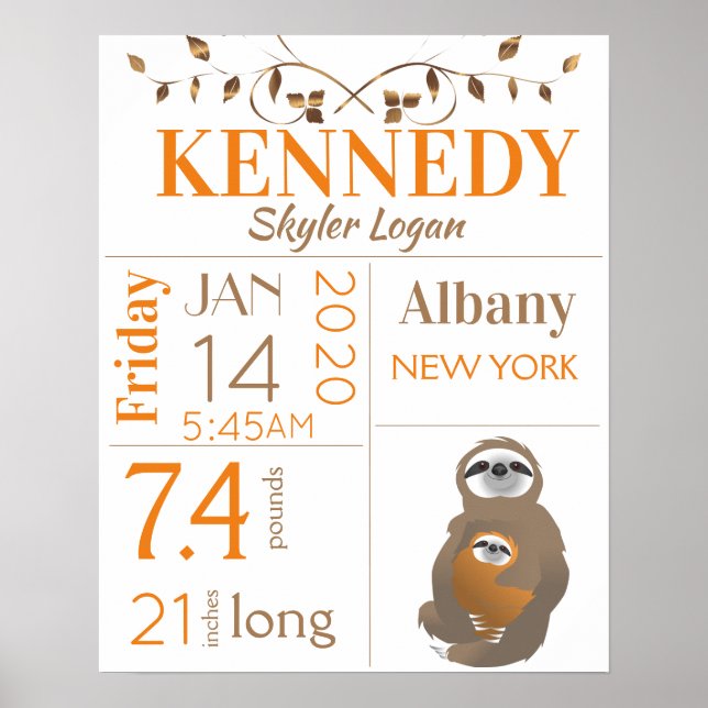 Poster Orange & Brown Sloth Baby Birth Stats (Devant)