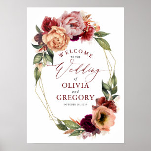 Poster Orange brûlé et Mariage rouge Bourgogne Bienvenue