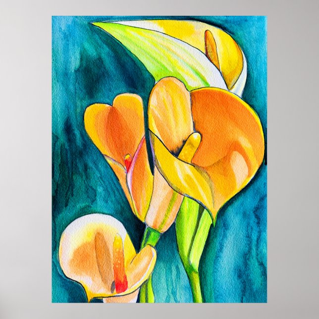 Poster Orange Calla fleurs de laine aquarelle art (Devant)