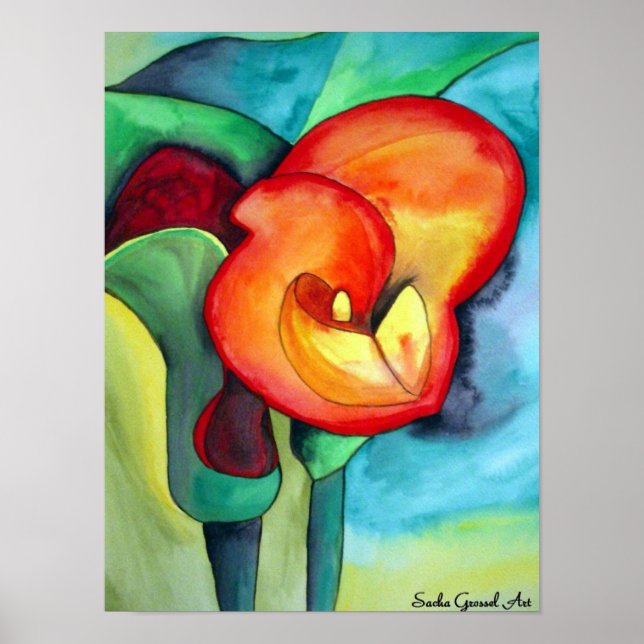 Poster Orange Canna nénuphar art original aquarelle (Devant)