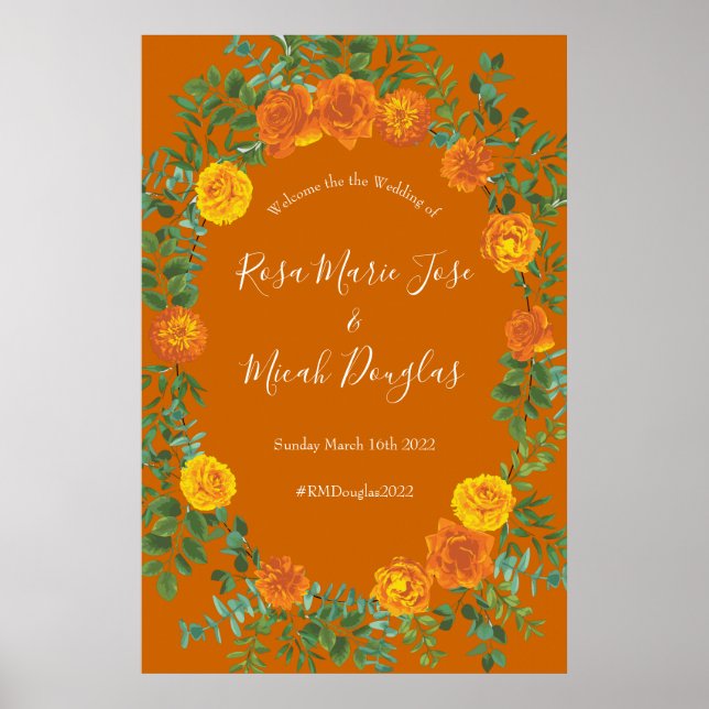 Poster Orange et rouille Chute Peony & Rose Floral Mariag (Devant)