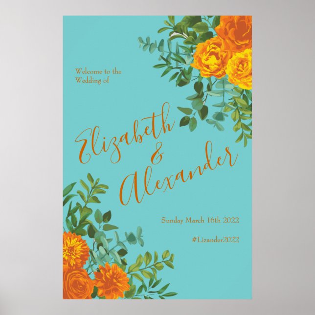 Poster Orange et Turquoise Aqua Peony Rose Mariage Floral (Devant)