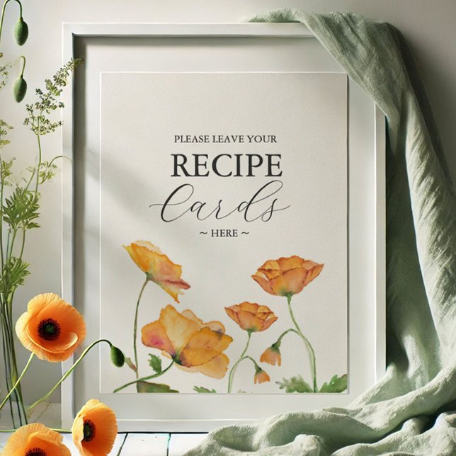 Poster Orange Flower Poppy Laisser Votre Carte De Recette (Recipe card sign watercolor orange poppy flower art by Victoria Grigaliunas of Do Tell A Belle)