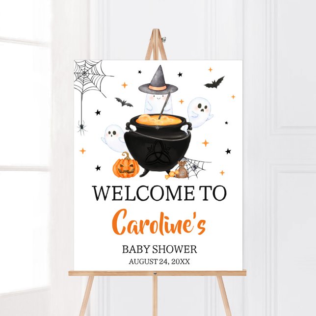 Poster Orange Ghost Halloween Baby brasse Bienvenue (Baby is Brewing Baby Shower Welcome Sign)