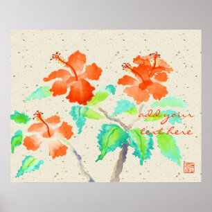 Poster Orange Hibiscus Aquarelle Peinture Beige Washi