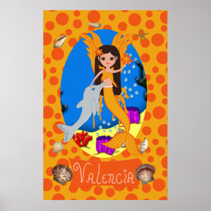 Poster Orange Merfaery and Dolphin Print