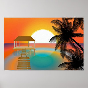 Poster Orange Sunset Beach with Palm Tree Hut