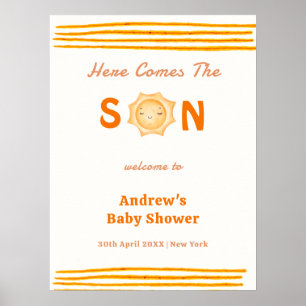 Poster Orange Voici venir le fils Baby Shower Bienvenue