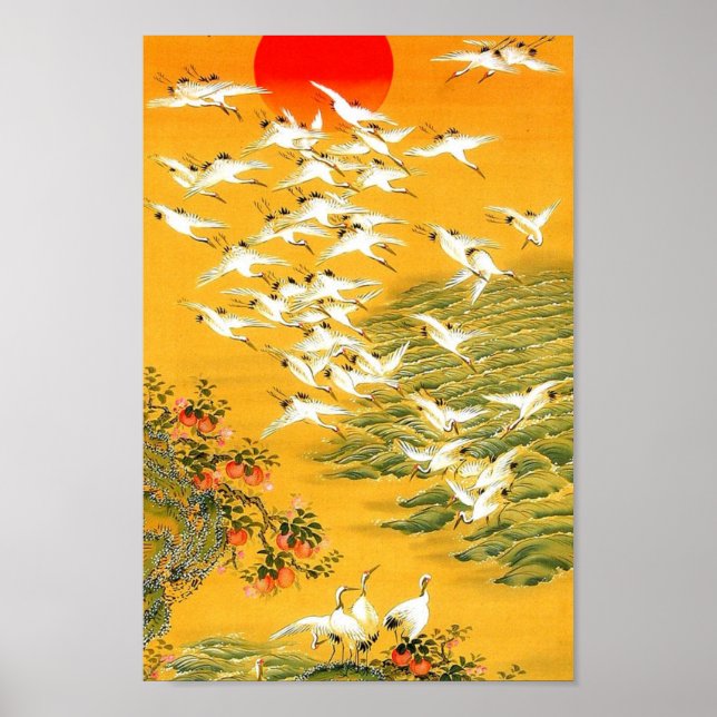 Poster Orangers, couchers de soleil et grues Art d'Asie V (Devant)
