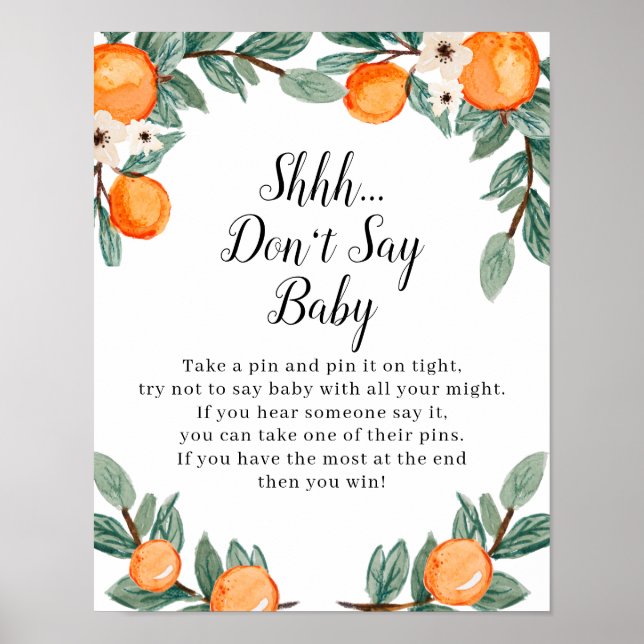 Poster Oranges Baby shower jumeau ne pas dire bébé signe (Devant)