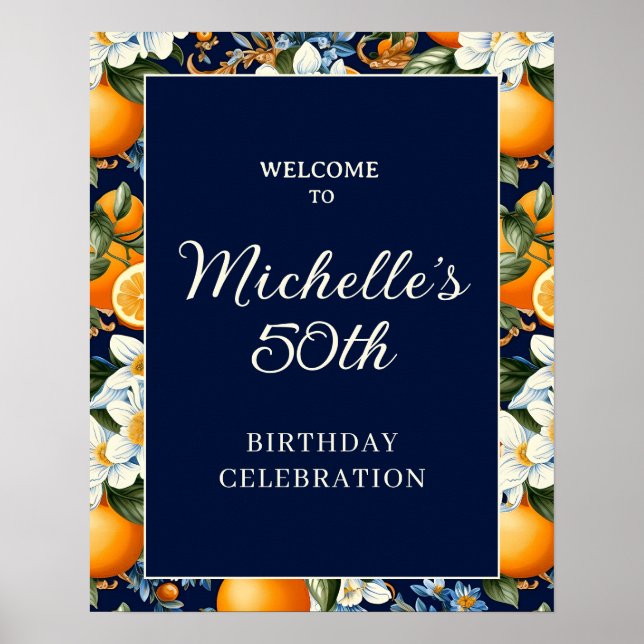 Poster Oranges White Flowers Navy Blue Birthday Welcome (Devant)