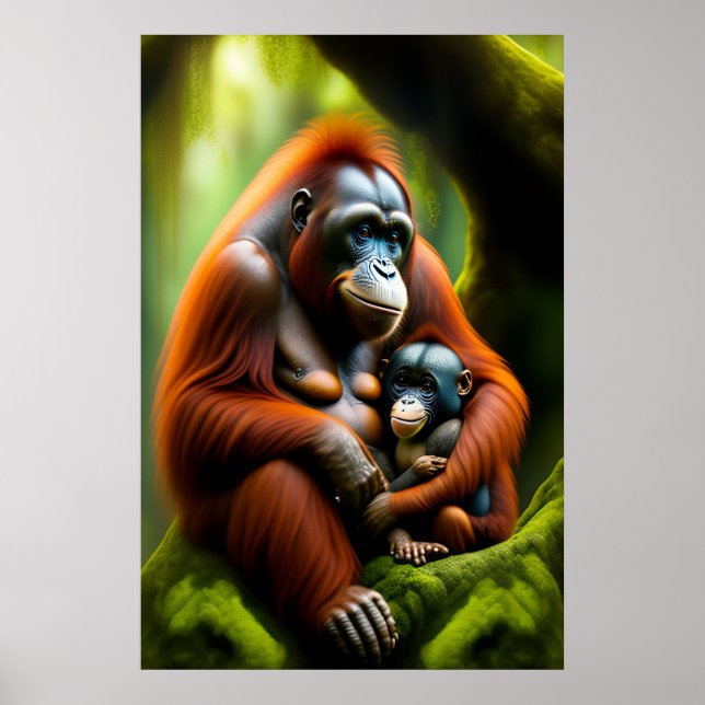 Poster orangoutan avec bébé (Devant)