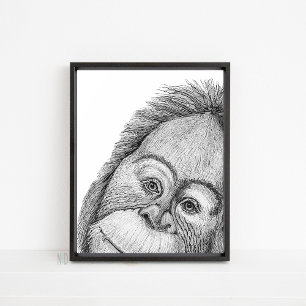 Poster Orangutan Singe noir et blanc Ligne murale