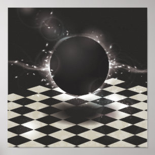 Poster Orbe noire sur À damiers Arrière - plan