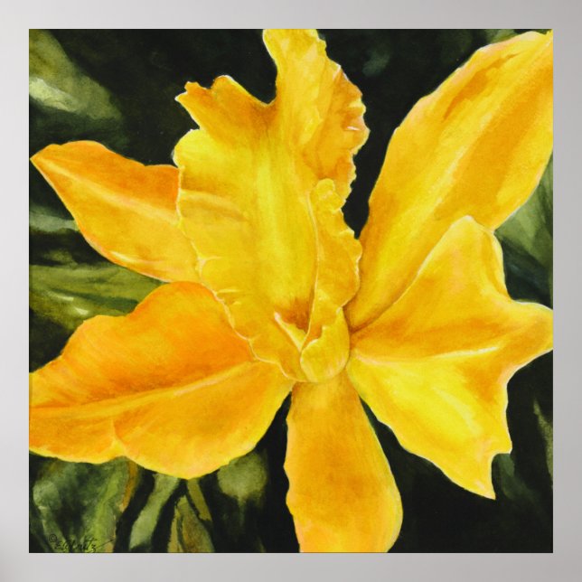 Poster Orchidée jaune peinture vert arrière - plan acryli (Devant)