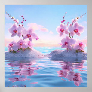 Poster 🌸 Orchidée Rose Reflet d'Eau Espaces Tranquilles
