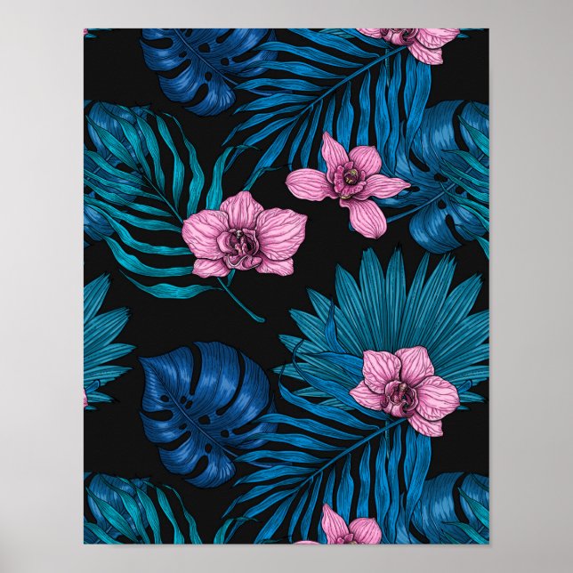 Poster Orchidées et feuilles de palmiers, rose et bleu su (Devant)