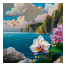Orchidées tropicales, océan, falaises et nuages