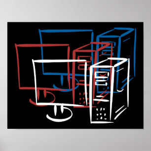 Poster Ordinateurs bleus blancs rouges de minimalisme