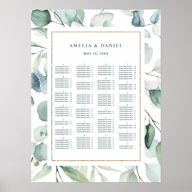 Poster Ordre ALPHABÉTIQUE Carte Mariage de verdure (Devant)