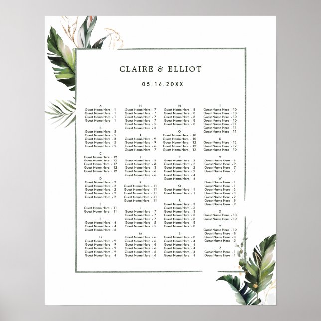 Poster ORDRE ALPHABÉTIQUE Mariage tropical Siège (Devant)