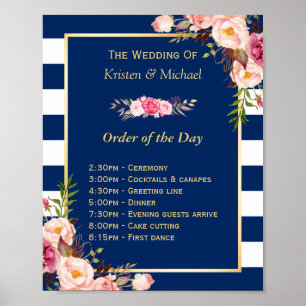 Poster Ordre mariage du jour Floral Navy Bleu Stripes