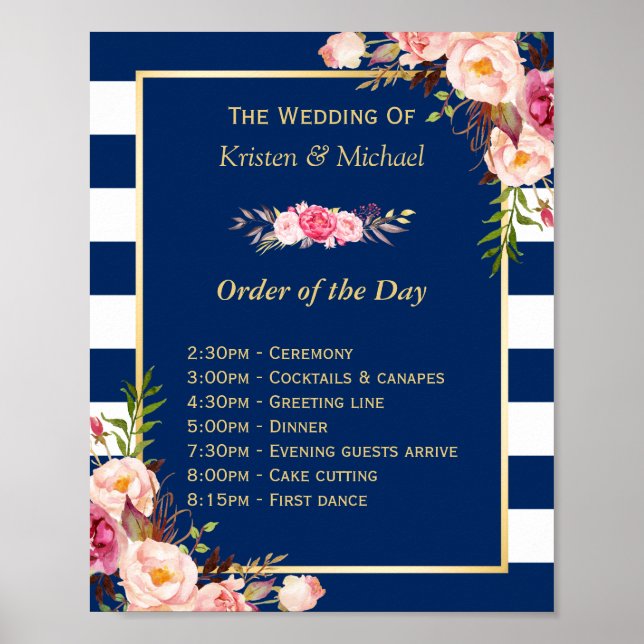 Poster Ordre mariage du jour Floral Navy Bleu Stripes (Devant)
