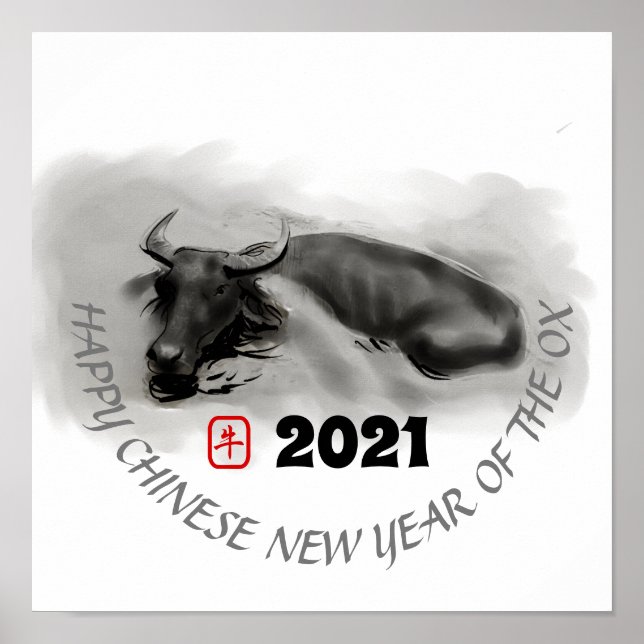 Poster original Peinture Eau Buffalo Ox Nouvel An  (Devant)