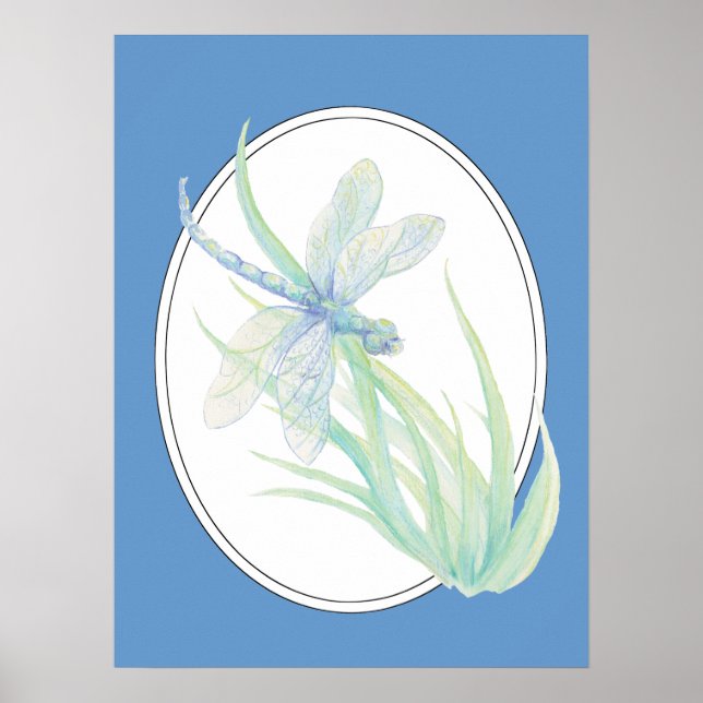 Poster Originale aquarelle Blue Green Dragonfly (Devant)