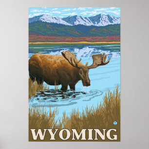 Poster Orignaux buvant au lac - Wyoming