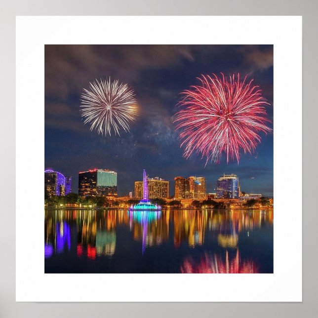 Poster Orlando Florida Lake Eola Fireworks & Fontaine (Devant)