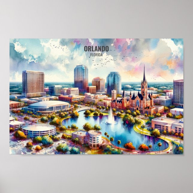 Poster Orlando Floride célèbres lieux de voyage aquarelle (Devant)