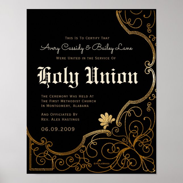 Poster Ornat or noir Mariage alternatif certificat (Devant)