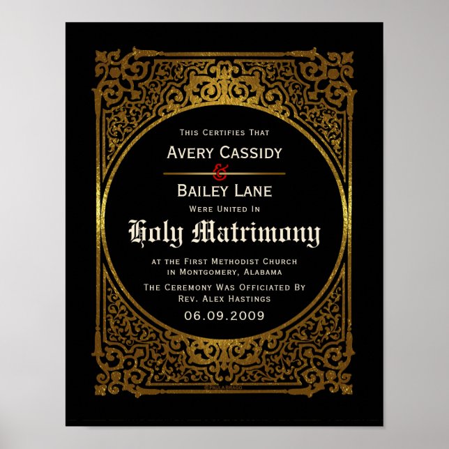 Poster Ornate Gold Antique Alternative WeddingCertificat (Devant)