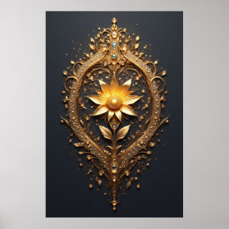 Poster Ornate Gold Frame With Large Metallic Flower Medal