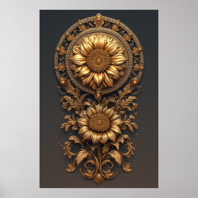 Poster Ornate Gold Frame With Large Metallic Flower Medal (Devant)