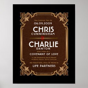 Poster Orné or bordure noir blanc mariage certificat