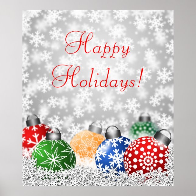 Poster Ornements d'arbre de Noël sur Snowy Arrière - plan (Devant)