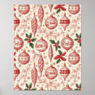Poster Ornements de Noël en toile rouge chinoiserie