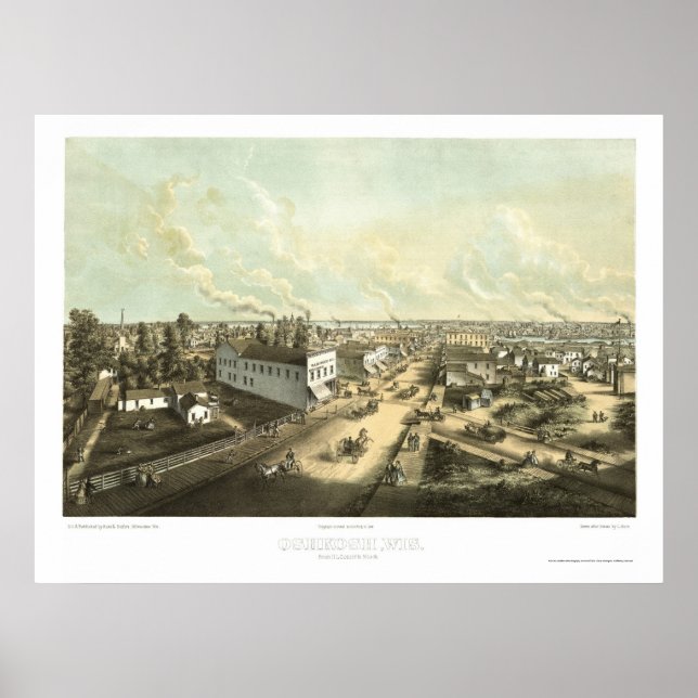 Poster Oshkosh, WI Carte Panoramique - 1850 (Devant)