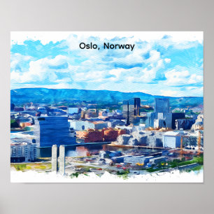 Poster Oslo Norvège Peinture Aquarelle Vue panoramique