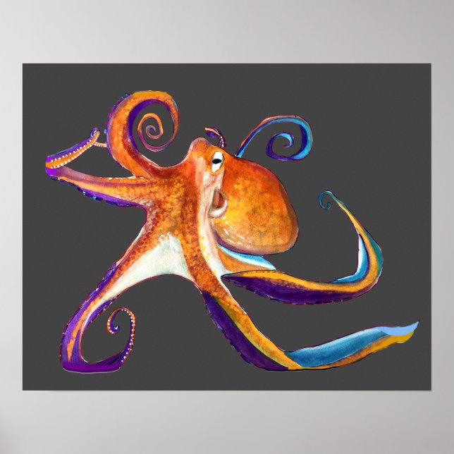 Poster Otopus vie marine aquarelle art (Devant)