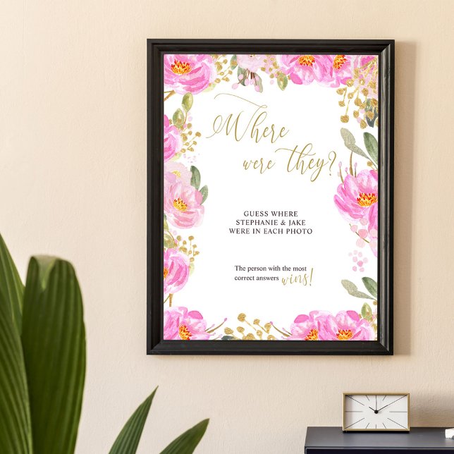 Poster Où Étaient-Ils La Fête des mariées Mariage Rose Fl (Where were they wedding shower photo game poster from my Pink and Gold Watercolor Floral Collection)