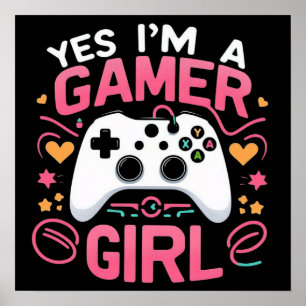 Poster Oui je suis une fille Gamer : manette rose et blan