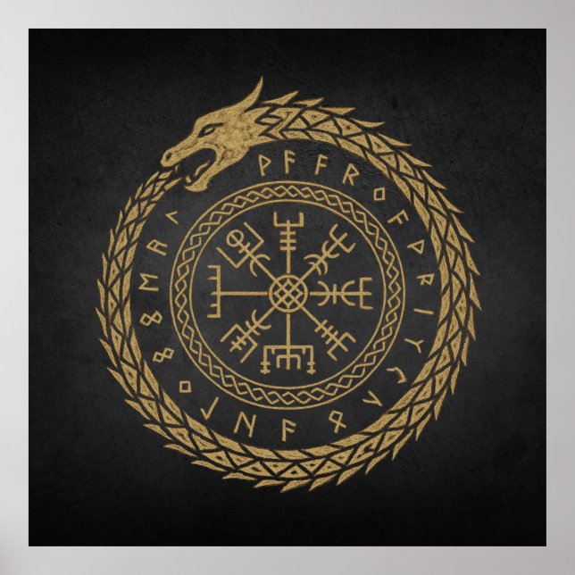 Poster Ouroboros & Vegvisir - Norse Compass Rune Circle D (Devant)