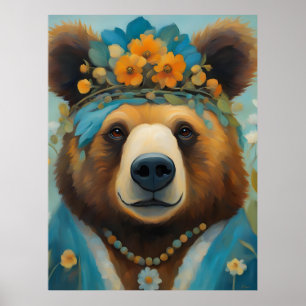 Poster Ours adorable dans une couronne avec des fleurs Hi